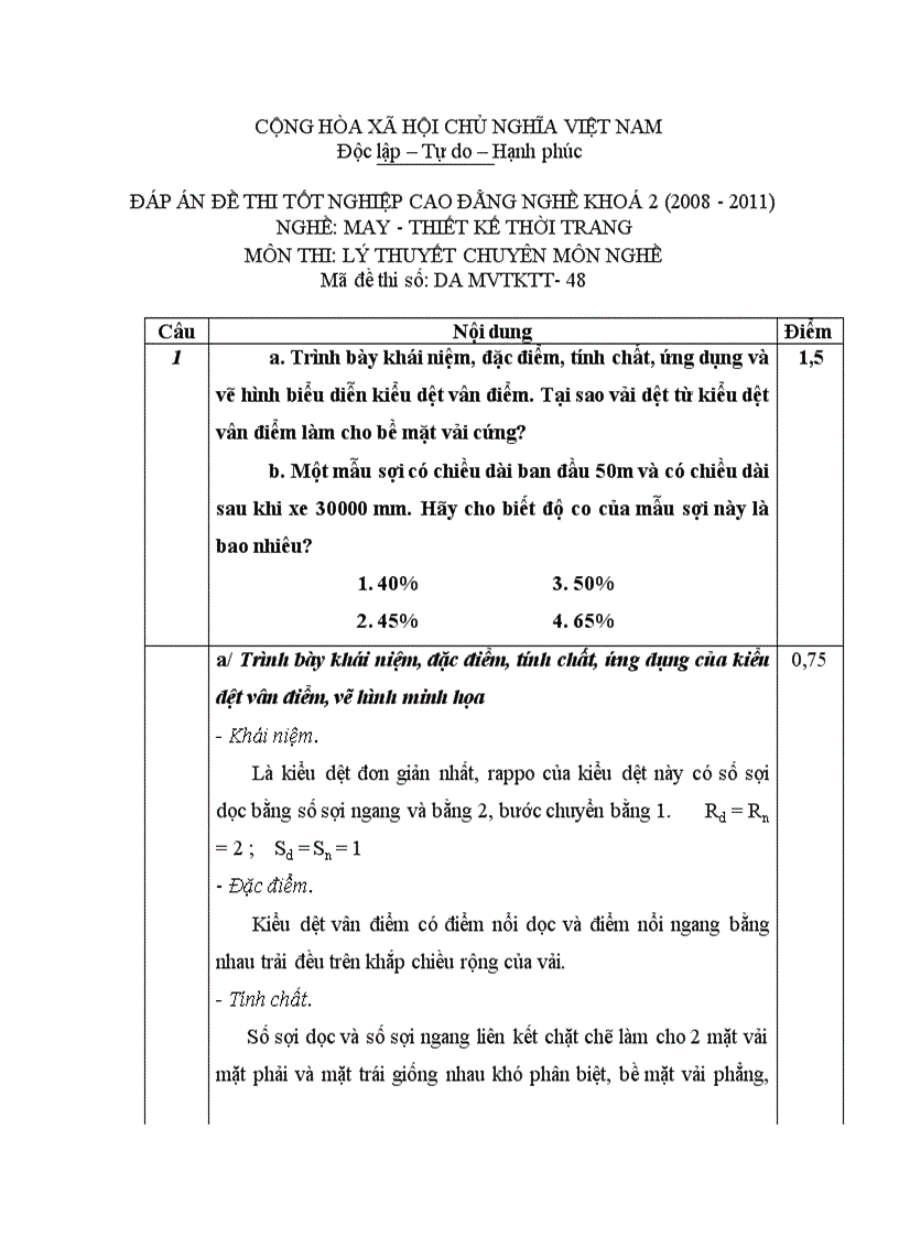 Đề thi tốt nghiệp cao đẳng nghề khóa 2 2008 2011 May thiết kế thời trang Lí thuyết thực hành Hướng dẫn giải 48