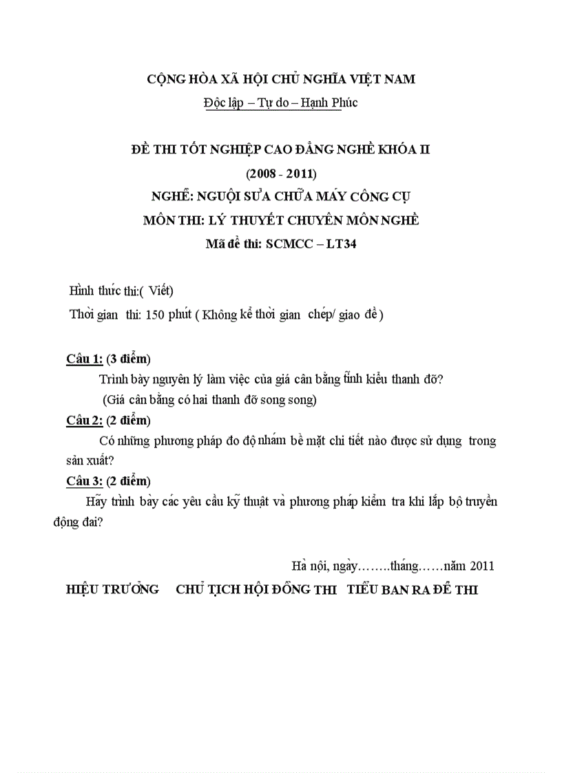 Đề thi TNCĐ nghề nguội sửa chữa máy công cụ 2008 2011 lí thuyết thực hành hướng dẫn giải 34 2