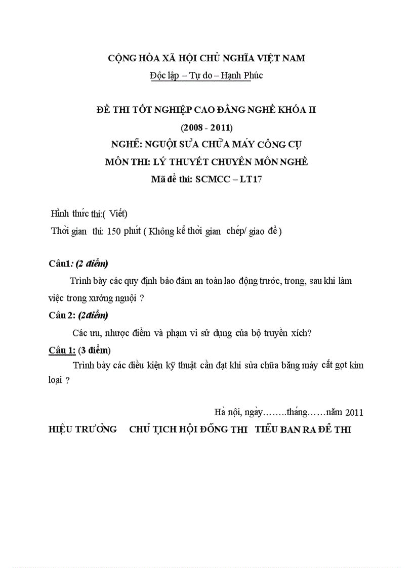 Đề thi TNCĐ nghề nguội sửa chữa máy công cụ 2008 2011 lí thuyết thực hành hướng dẫn giải 17 2