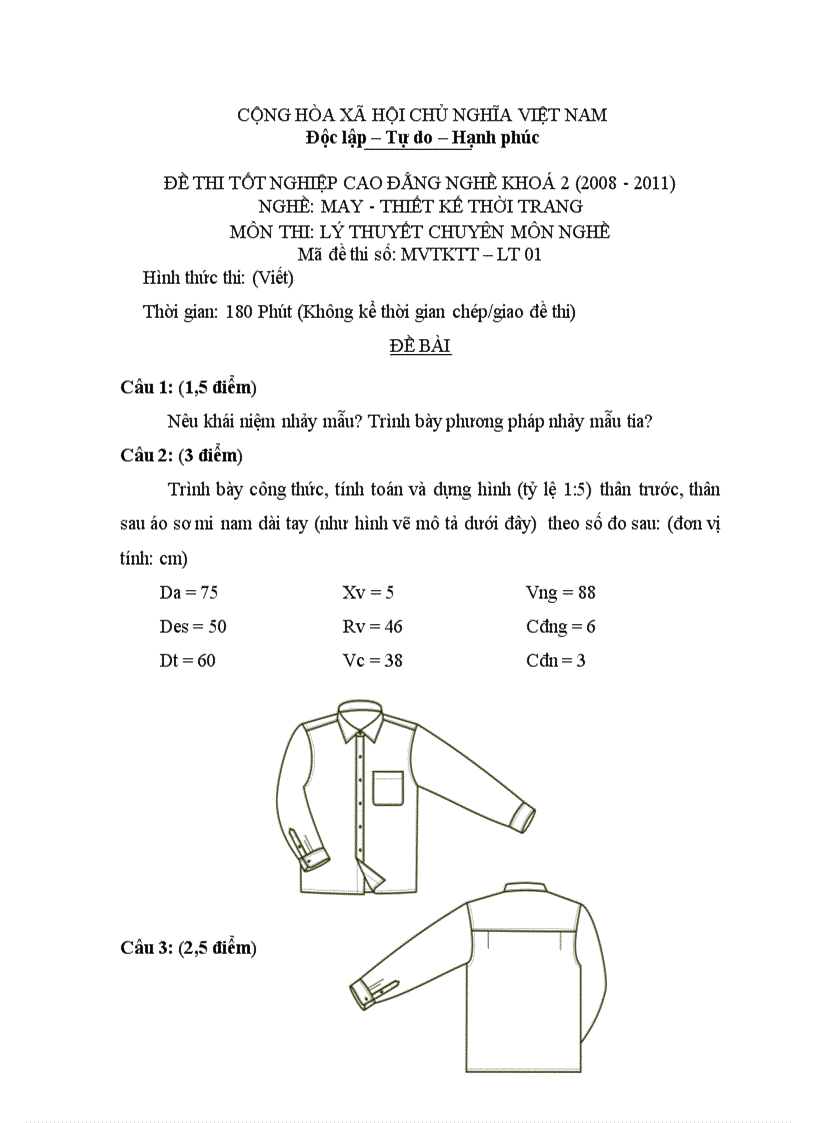 Đề thi tốt nghiệp cao đẳng nghề khóa 2 2008 2011 Thiết kế thời trang Lí thuyết thực hành Hướng dẫn giải 01 1