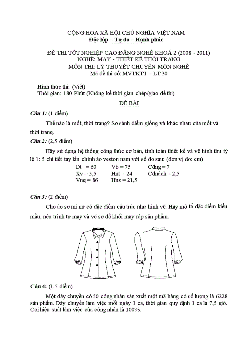 Đề thi tốt nghiệp cao đẳng nghề khóa 2 2008 2011 May thiết kế thời trang Lí thuyết thực hành Hướng dẫn giải 30 1