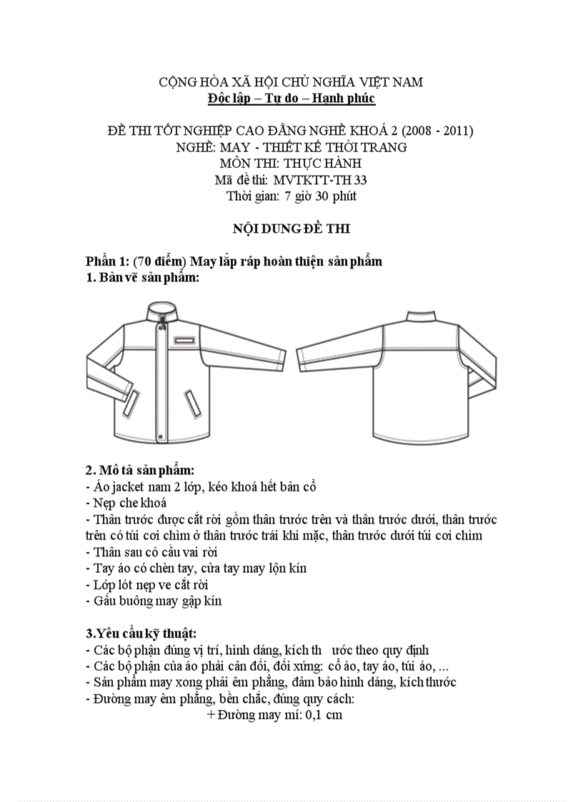 Đề thi tốt nghiệp cao đẳng nghề khóa 2 2008 2011 May thiết kế thời trang Lí thuyết thực hành Hướng dẫn giải 33 2