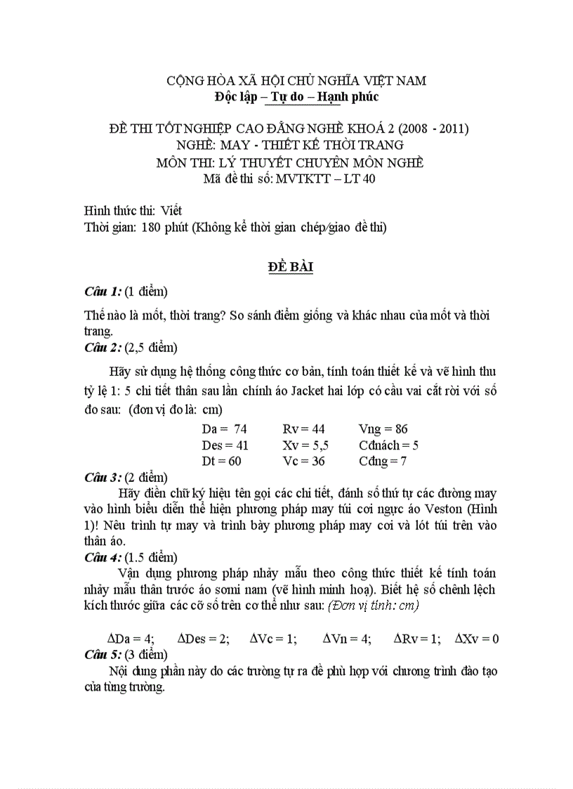 Đề thi tốt nghiệp cao đẳng nghề khóa 2 2008 2011 May thiết kế thời trang Lí thuyết thực hành Hướng dẫn giải 40 1