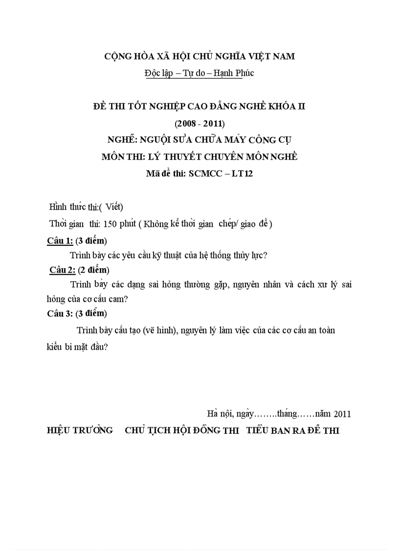 Đề thi TNCĐ nghề nguội sửa chữa máy công cụ 2008 2011 lí thuyết thực hành hướng dẫn giải 12 2