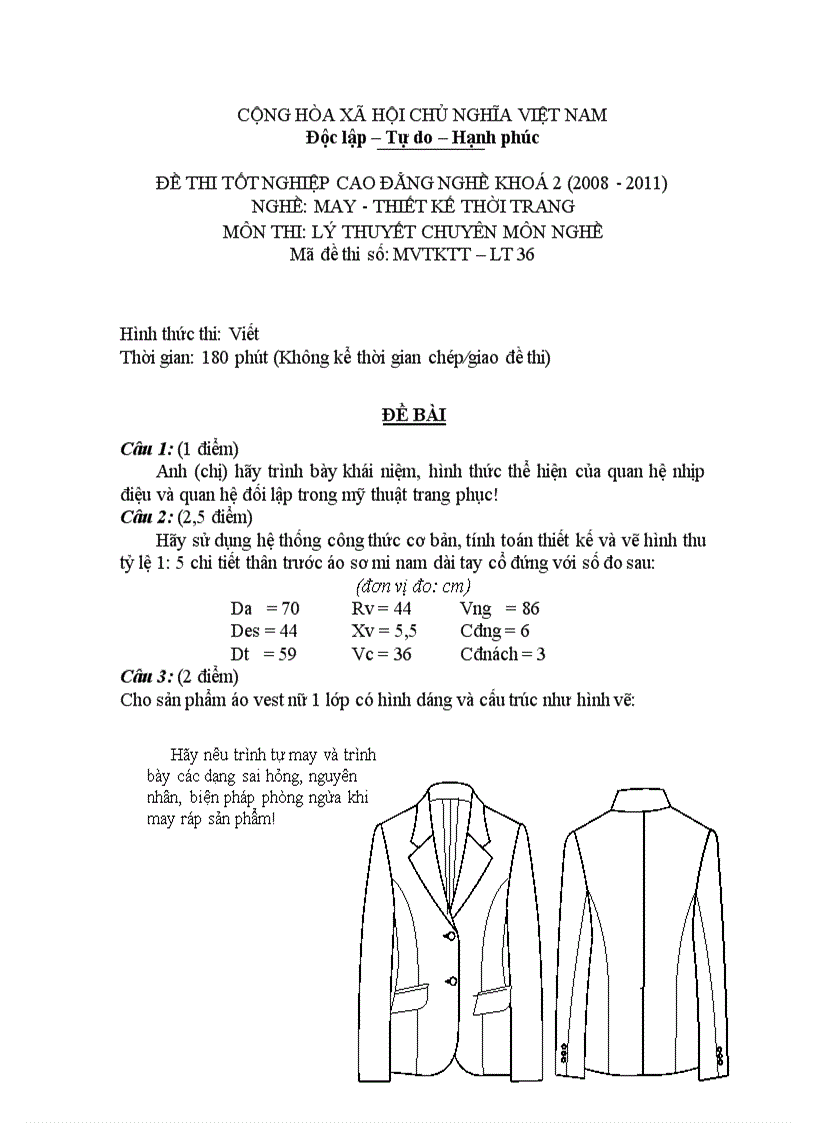 Đề thi tốt nghiệp cao đẳng nghề khóa 2 2008 2011 May thiết kế thời trang Lí thuyết thực hành Hướng dẫn giải 36 1