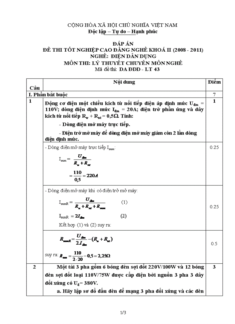 Đề thi tốt nghiệp cao đẳng nghề khóa 2 2008 2011 lý thuyết điện dân dụng lt43