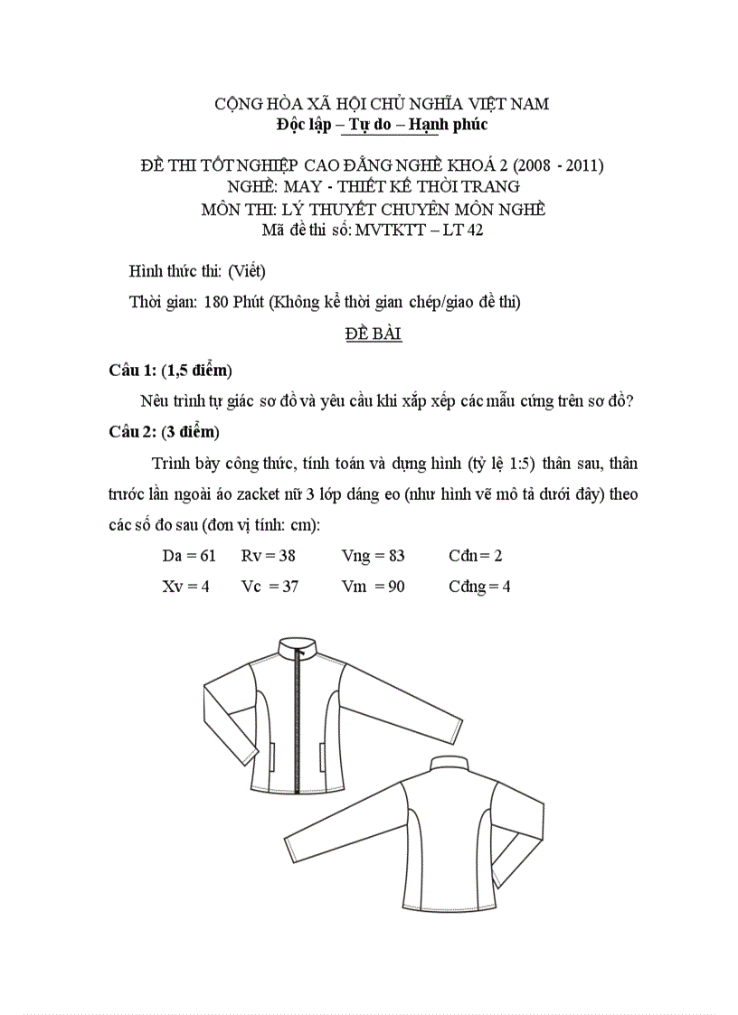 Đề thi tốt nghiệp cao đẳng nghề khóa 2 2008 2011 May thiết kế thời trang Lí thuyết thực hành Hướng dẫn giải 42 1
