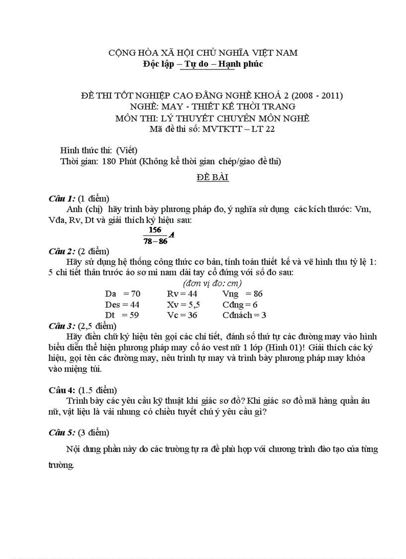 Đề thi tốt nghiệp cao đẳng nghề khóa 2 2008 2011 May thiết kế thời trang Lí thuyết thực hành Hướng dẫn giải 22 1
