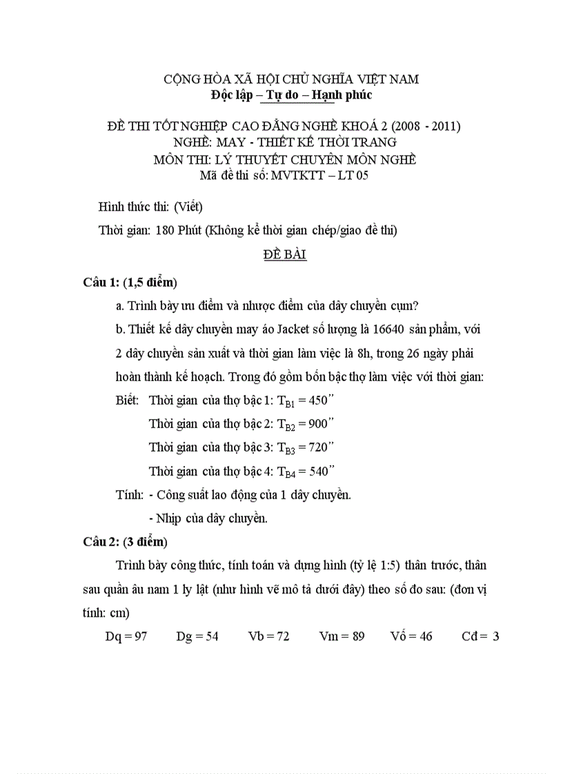 Đề thi tốt nghiệp cao đẳng nghề khóa 2 2008 2011 Thiết kế thời trang Lí thuyết thực hành Hướng dẫn giải 05 1