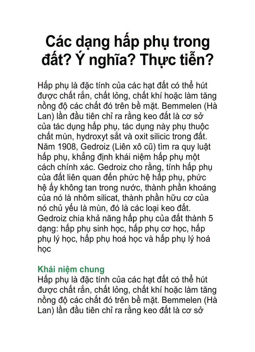 Các dạng hấp phụ trong đất Ý nghĩa Thực tiễn