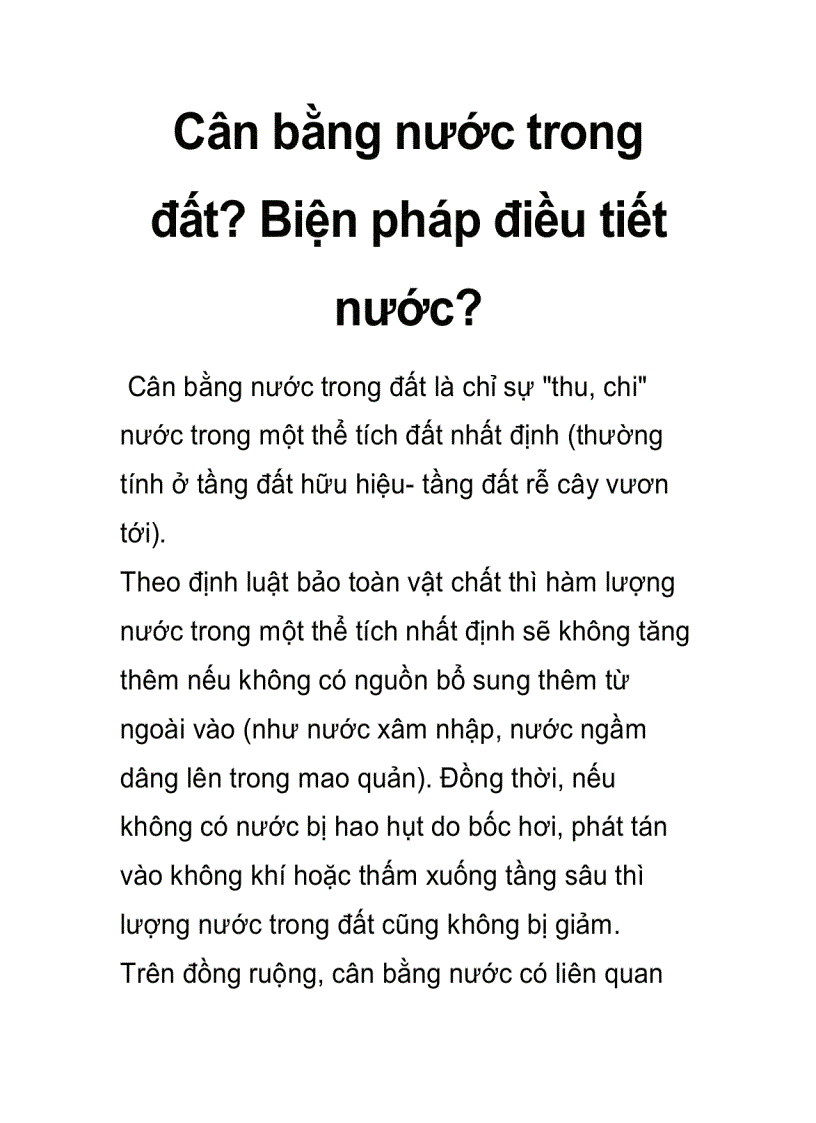 Cân bằng nước trong đất Biện pháp điều tiết nước