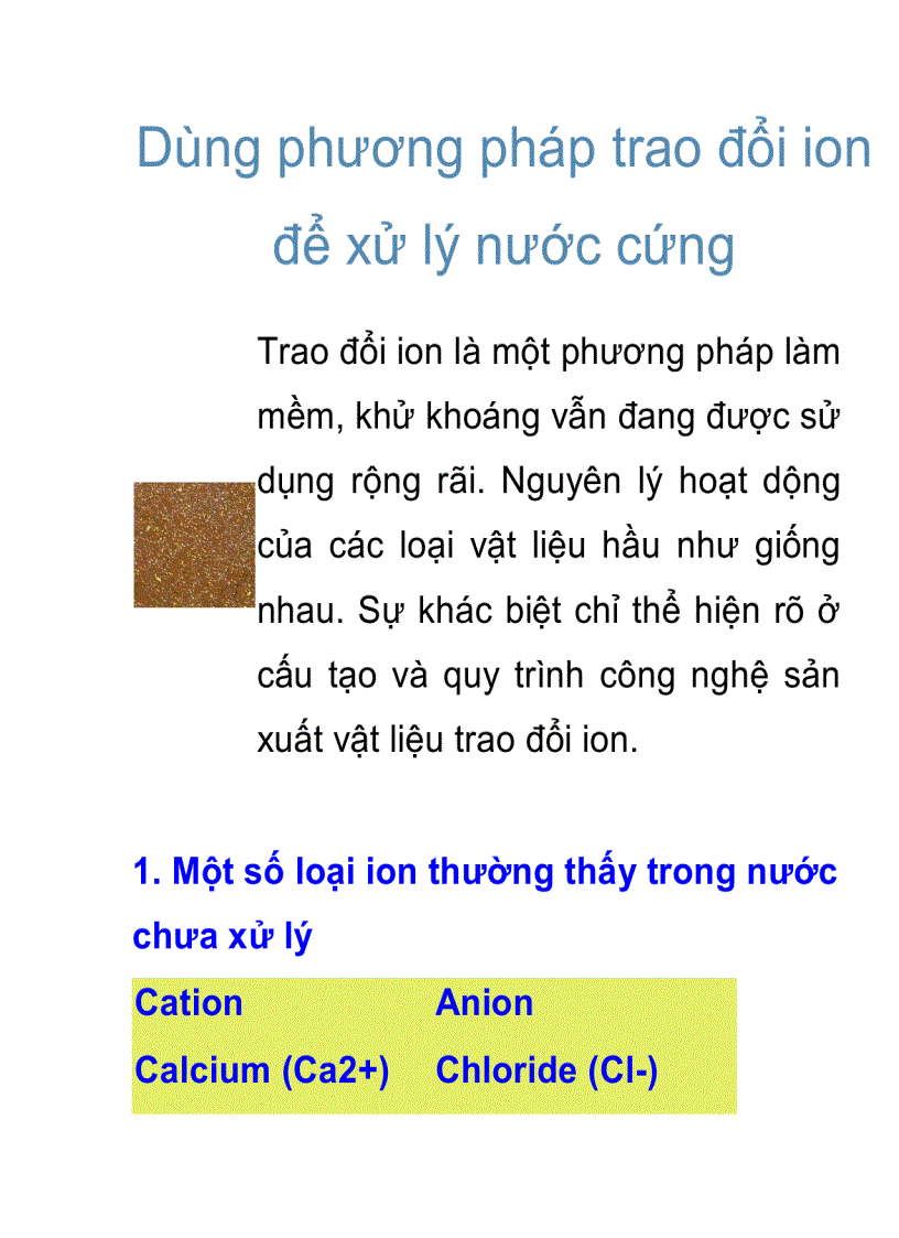 Dùng phương pháp trao đổi ion để xử lý nước cứng