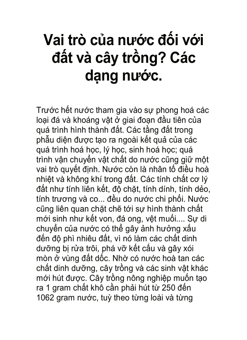 Vai trò của nước đối với đất và cây trồng