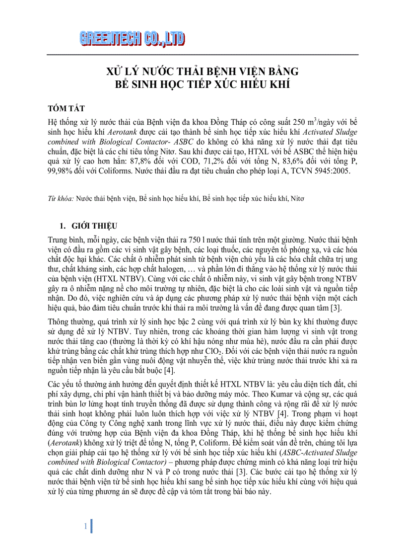 Xử lý nước thải bệnh viện bằng bể sinh học tiếp xúc hiếu khí