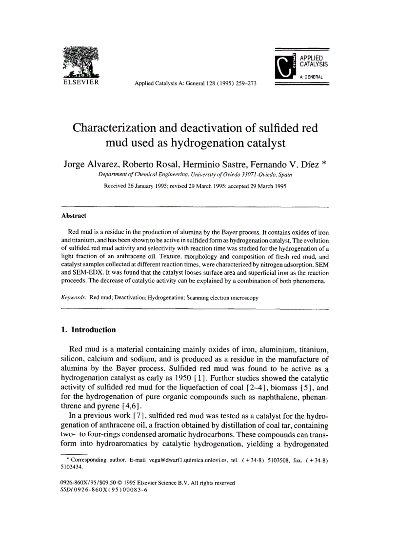 Characterization and deactivation of sulfided red mud used as hydrogenation catalyst