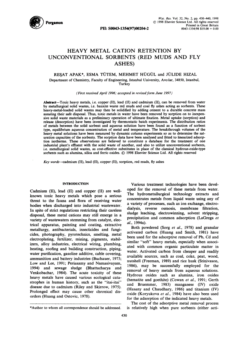 Heavy metal cation retention by unconventional sorbents red muds and fly ashes