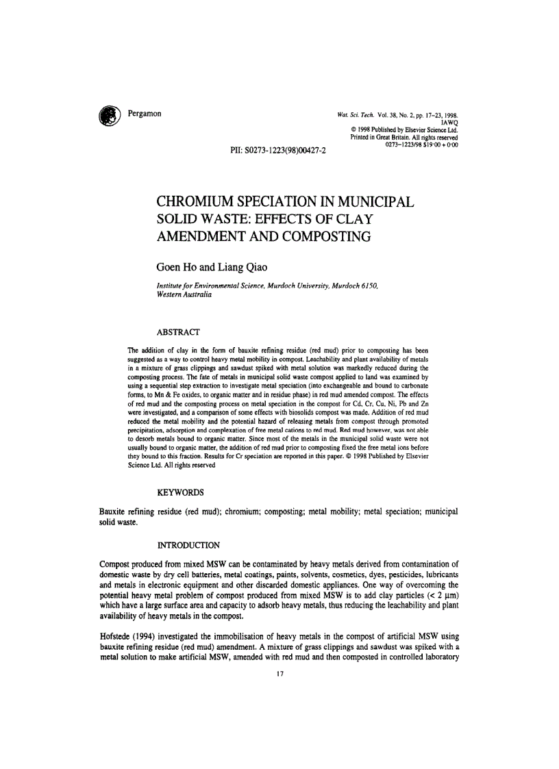 Chromium speciation in municipal solid waste Effects of clay amendment and composting