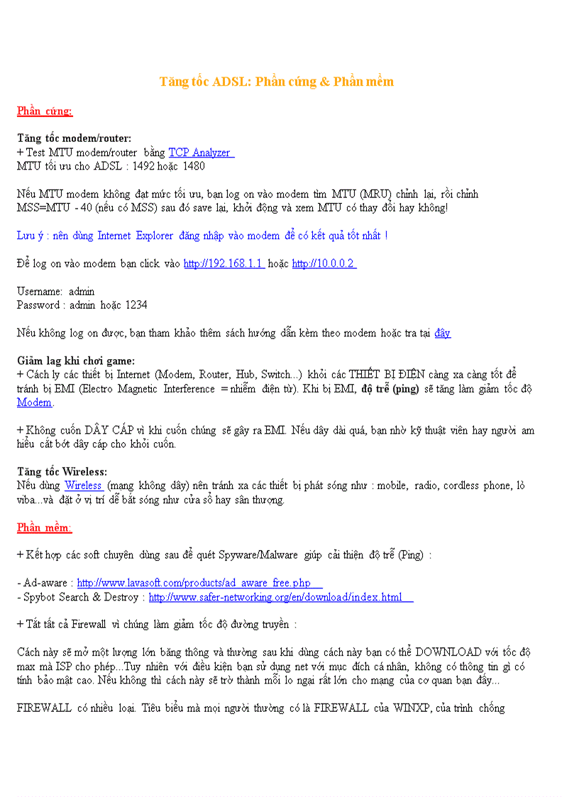 Tăng tốc độ ADSL Phần cứng và phần mềm