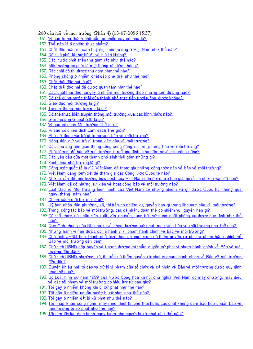 Một số câu hỏi về môi trường