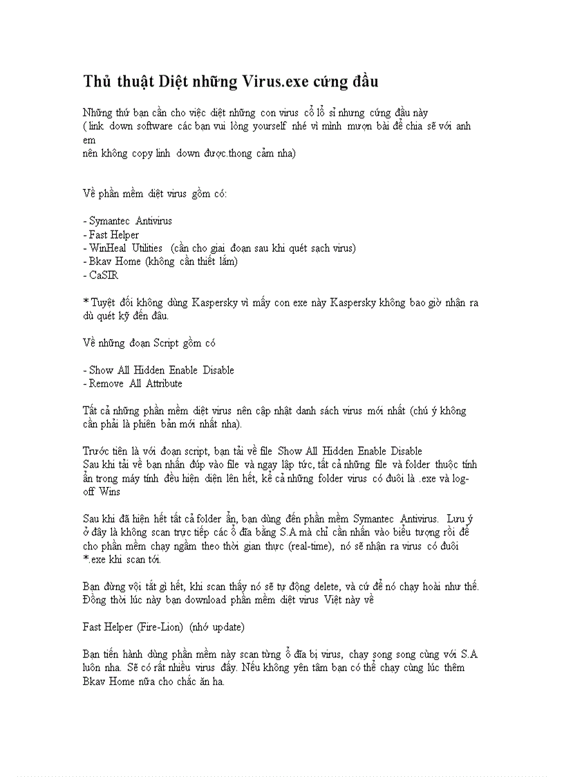 Thủ thuật Diệt những Virus exe cứng đầu