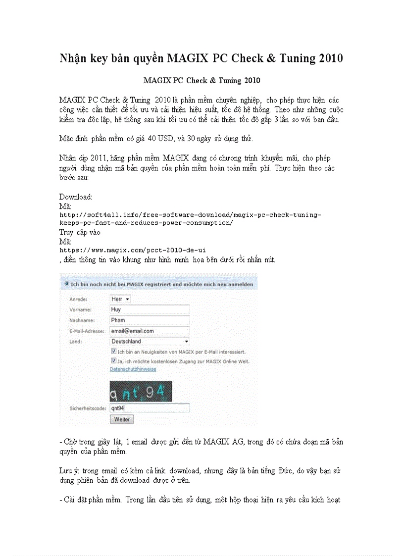 Nhận key bản quyền MAGIX PC Check Tuning 2010