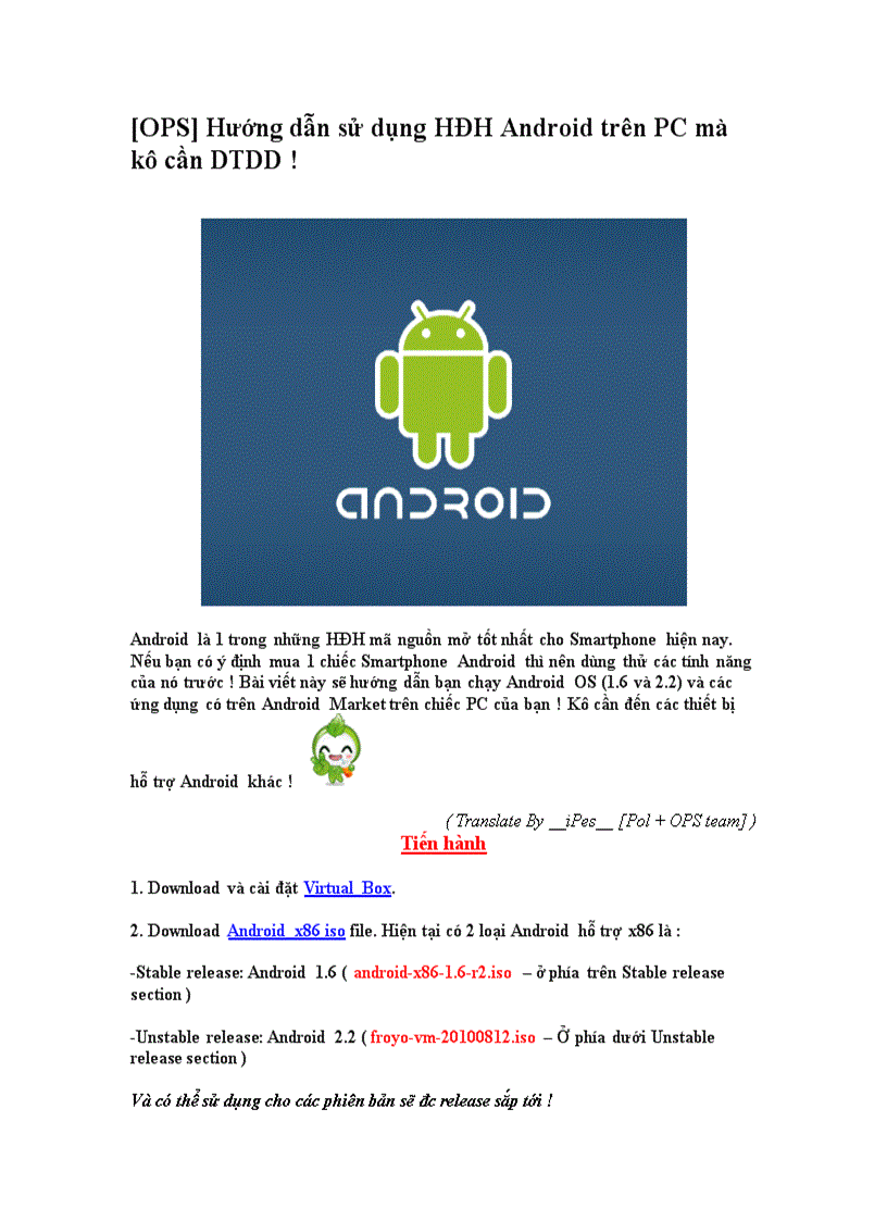 OPS Hướng dẫn sử dụng HĐH Android trên PC mà kô cần DTDD