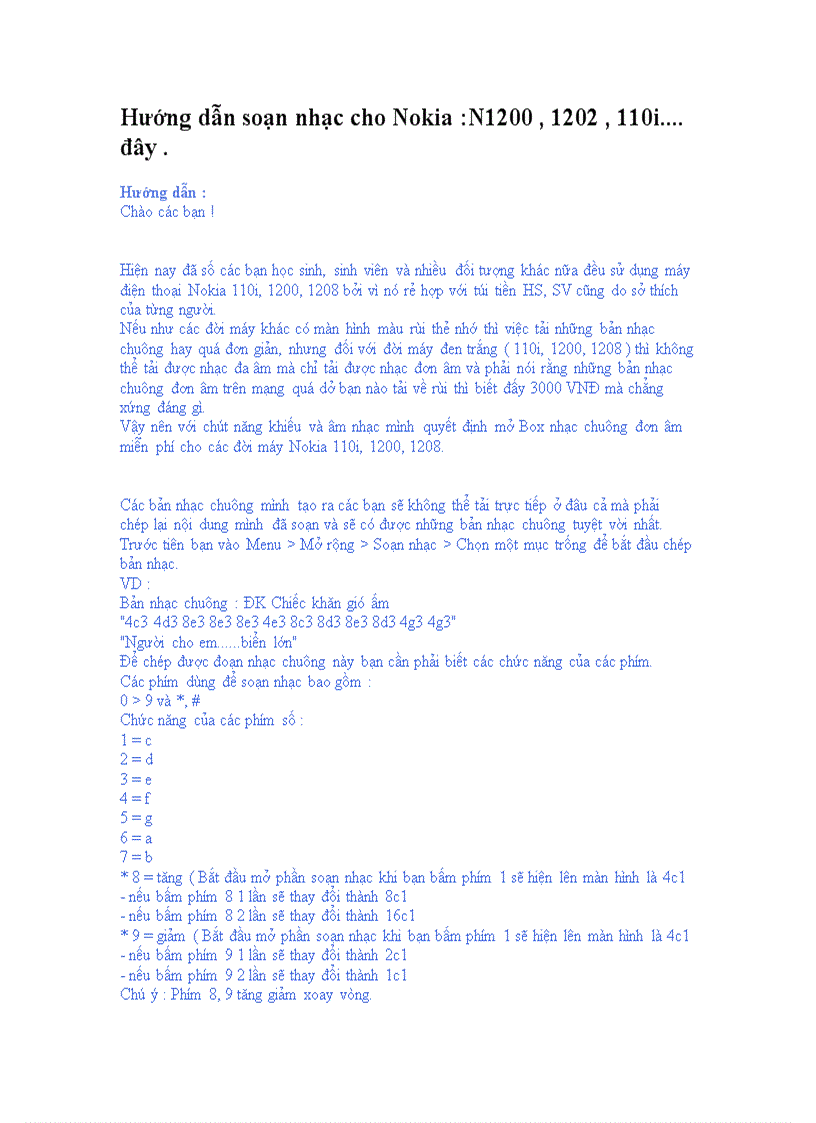 Hướng dẫn soạn nhạc cho Nokia N1200 1202 110i đây
