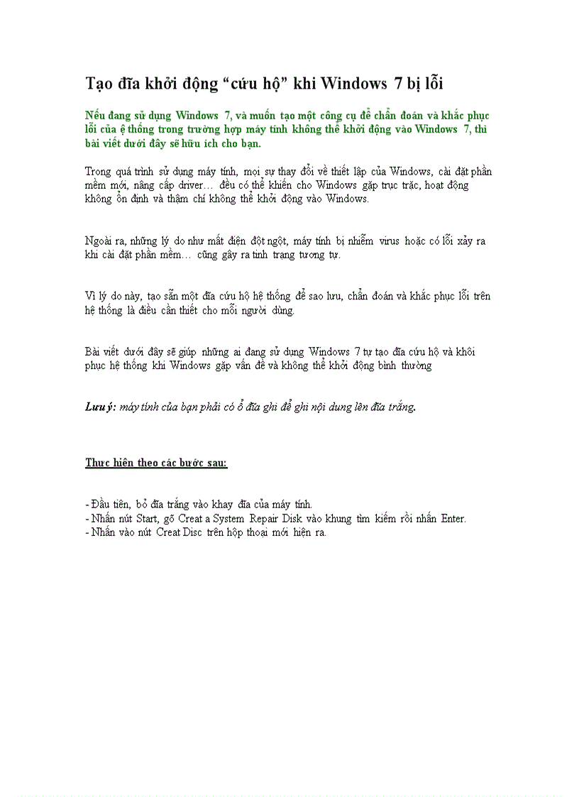Tạo đĩa khởi động cứu hộ khi Windows 7 bị lỗi