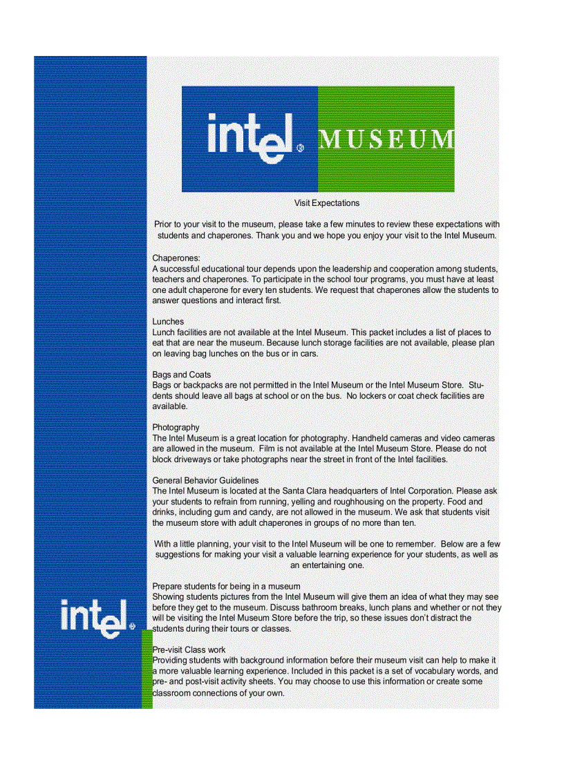 Intel Museum Education Program Descriptions