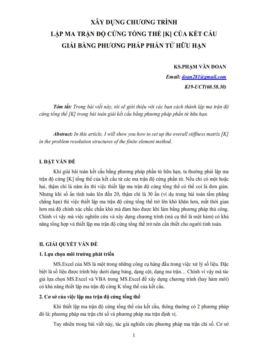 Xây dựng chương trình lập ma trận độ cứng tổng thể k của kết cấu giải bằng phương pháp phần tử hữu hạn