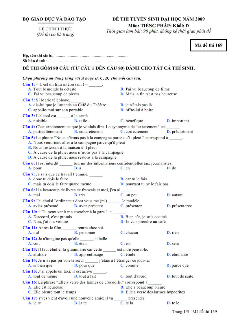 Đề thi môn tiếng pháp khối D năm 2009