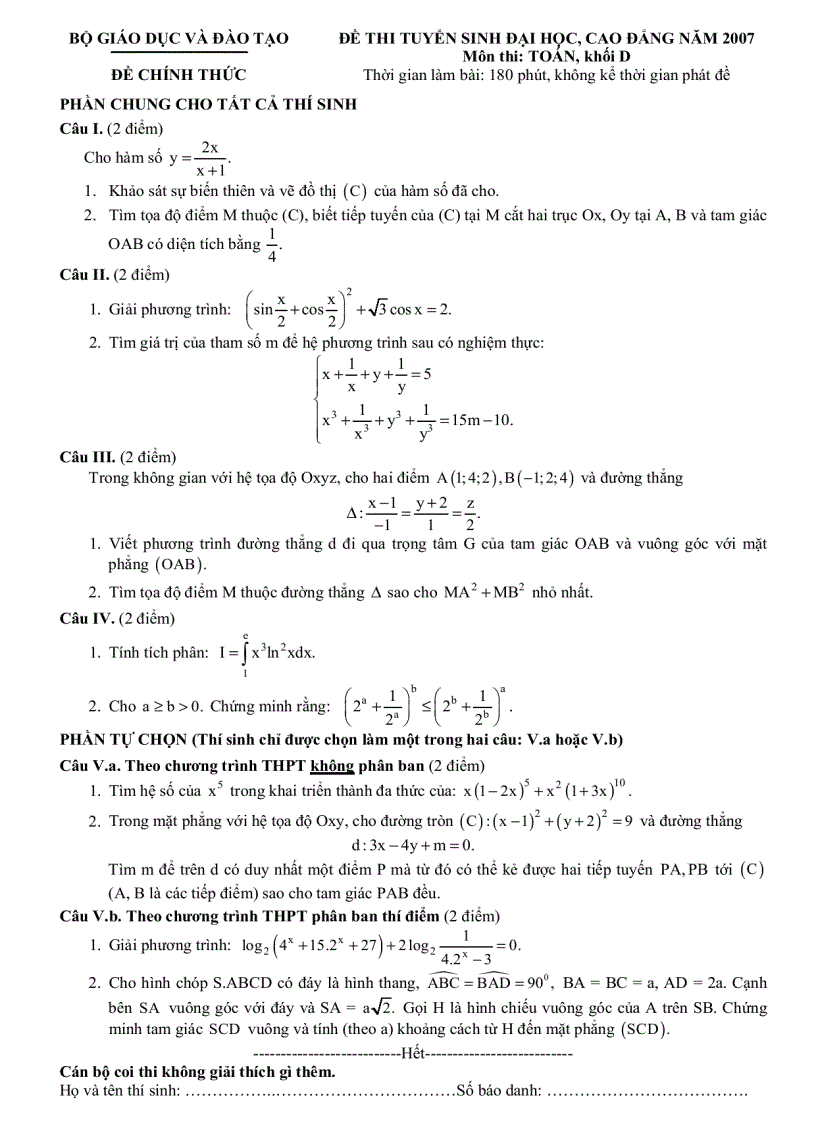 Đáp án môn toán khối D năm 2007 1