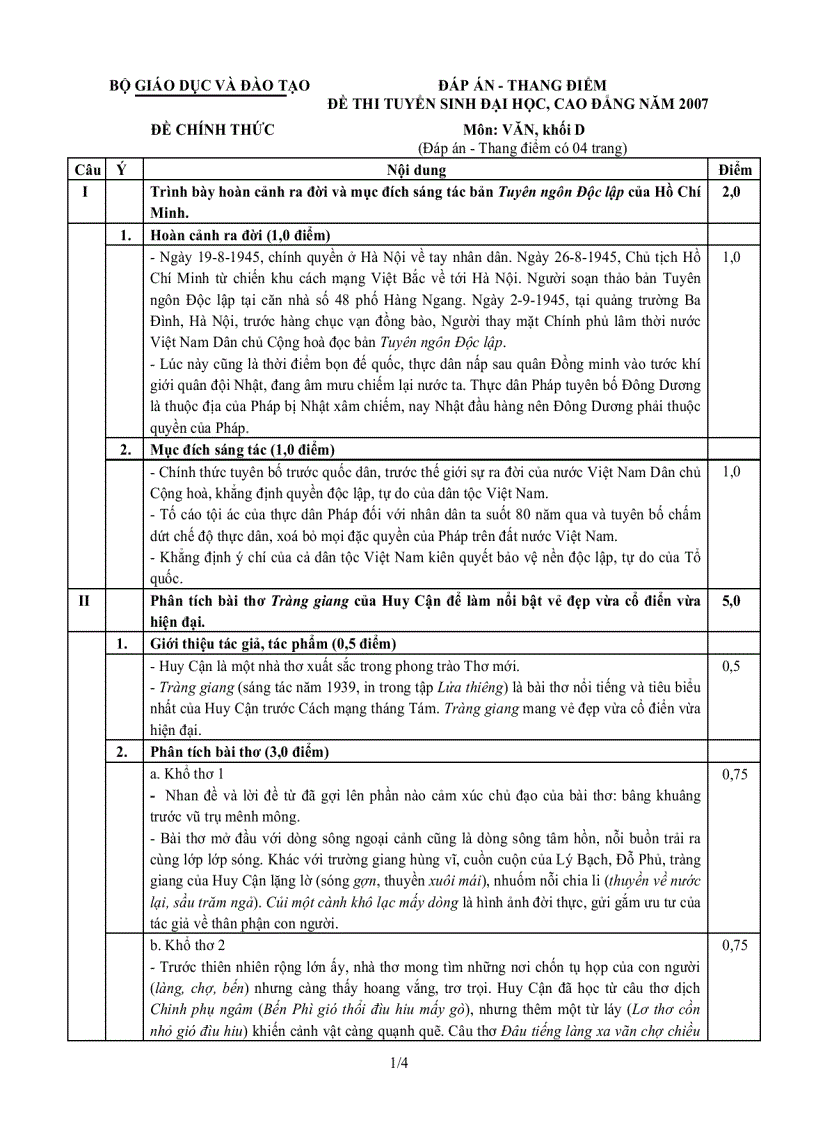 Đáp án môn văn khối D năm 2007