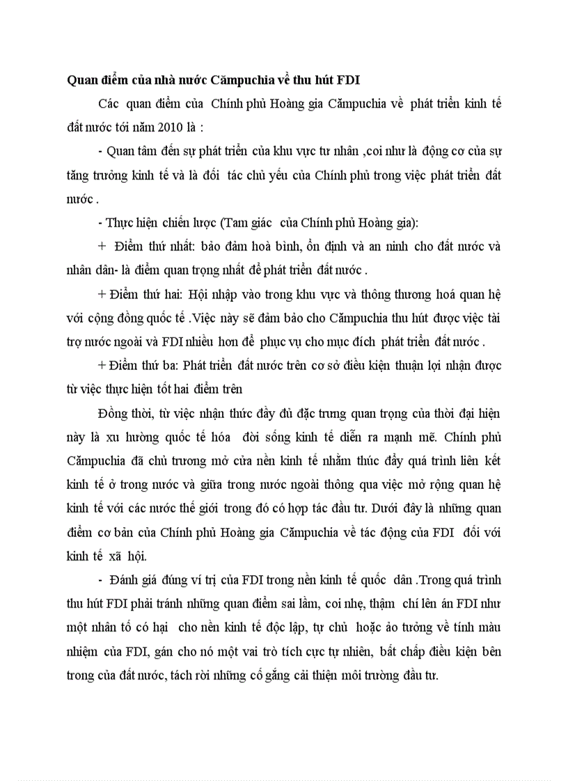 Quan điểm của nhà nước Cămpuchia về thu hút FDI