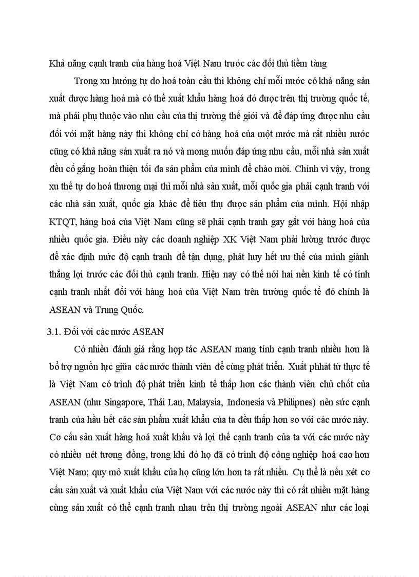 Khả năng cạnh tranh của hàng hoá Việt Nam trước các đối thủ tiềm tàng
