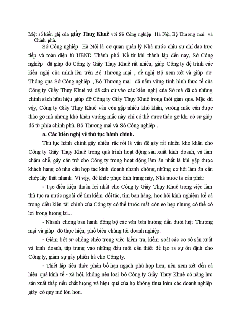 Một số kiến ghị của giầy Thuỵ Khuê với Sở Công nghiệp Hà Nội Bộ Thương mại và Chính phủ