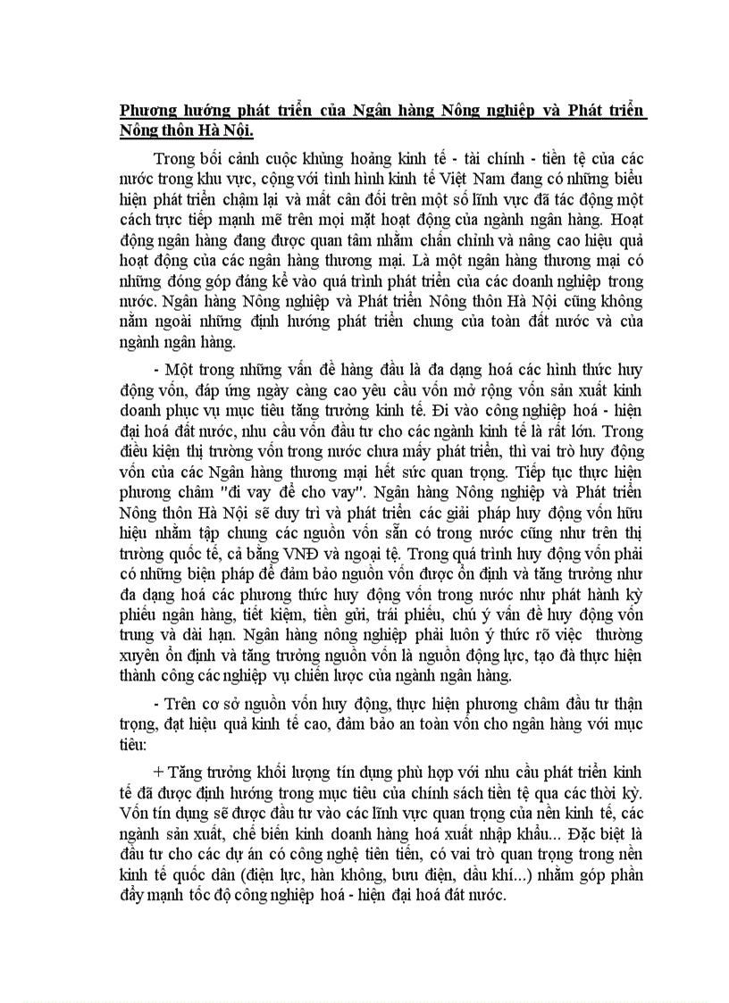 Phương hướng phát triển của Ngân hàng Nông nghiệp và Phát triển Nông thôn Hà Nội
