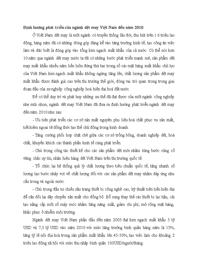 Định hướng phát triển của ngành dệt may Việt Nam đến năm 2010
