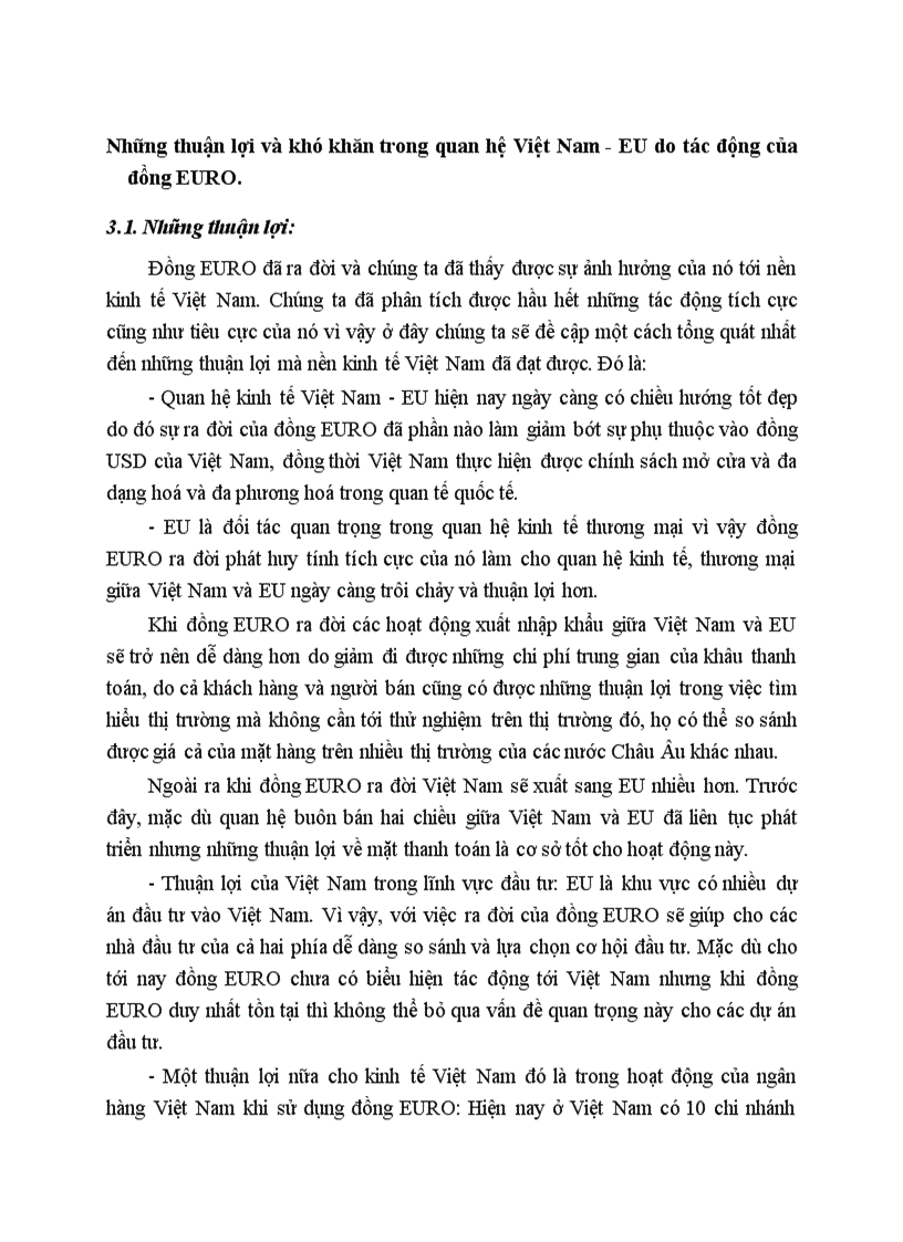 Những thuận lợi và khó khăn trong quan hệ Việt Nam EU do tác động của đồng EURO