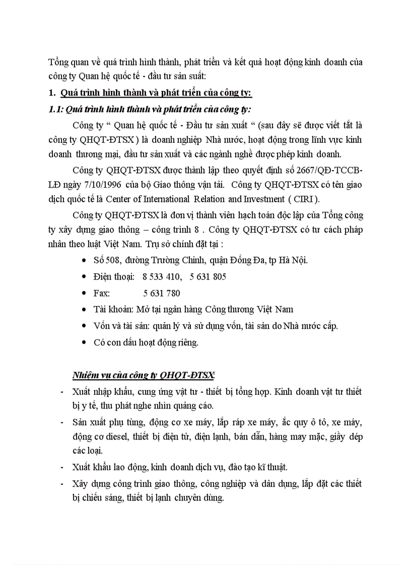 Tổng quan về quá trình hình thành phát triển và kết quả hoạt động kinh doanh của công ty Quan hệ quốc tế đầu tư sản suất