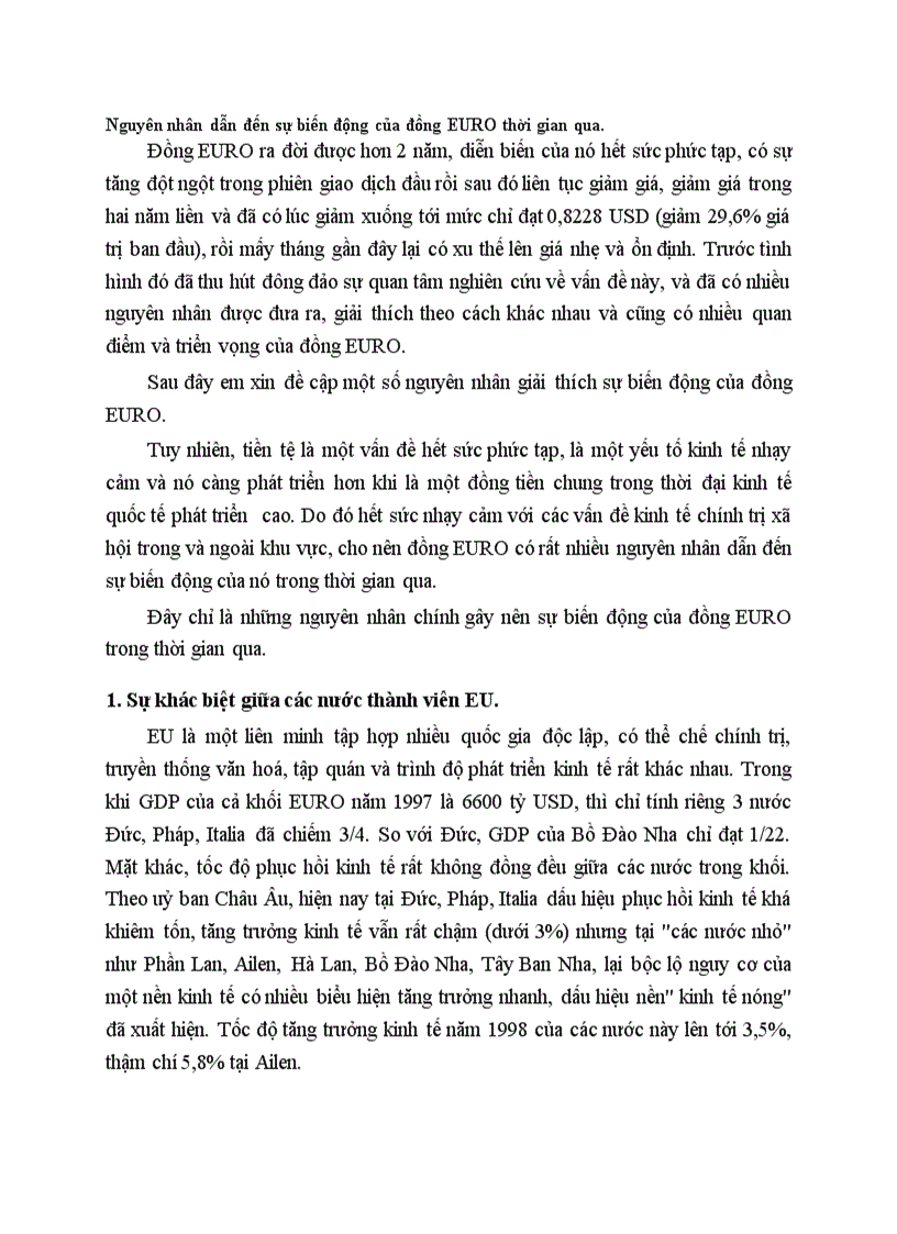 Nguyên nhân dẫn đến sự biến động của đồng EURO thời gian qua