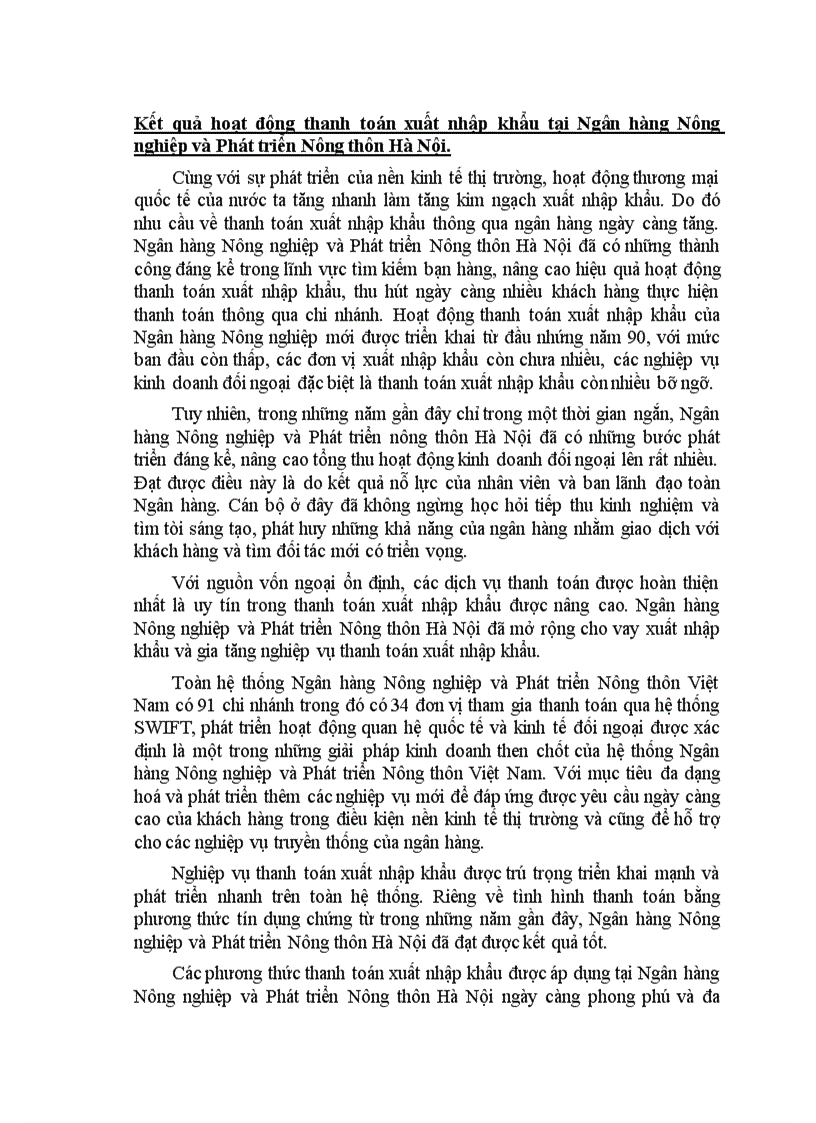 Kết quả hoạt động thanh toán xuất nhập khẩu tại Ngân hàng Nông nghiệp và Phát triển Nông thôn Hà Nội