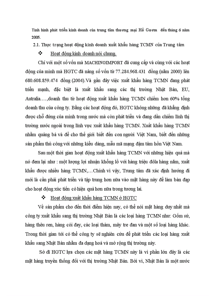 Tình hình phát triển kinh doanh của trung tâm thương mại Hồ Gươm đến tháng 6 năm 2005