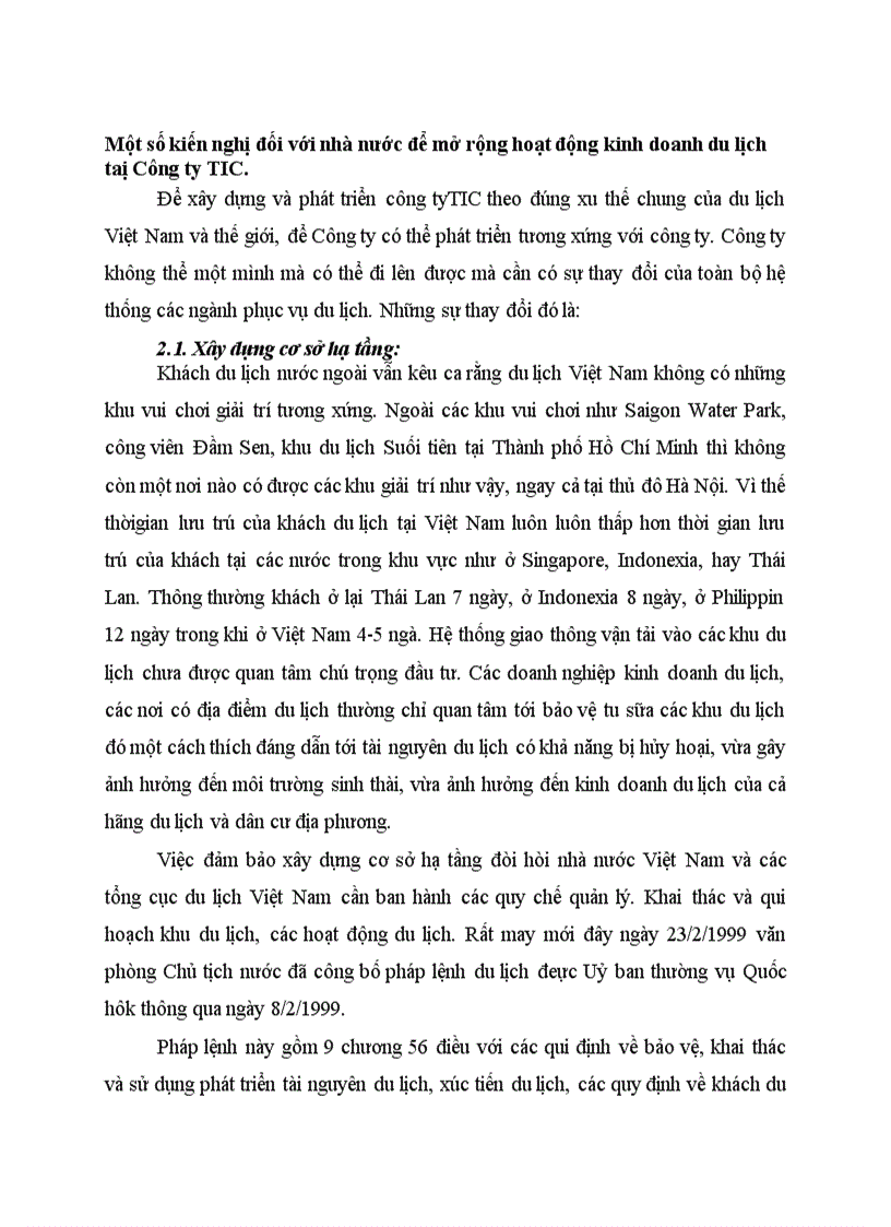 Một số kiến nghị đối với nhà nước để mở rộng hoạt động kinh doanh du lịch taị Công ty TIC