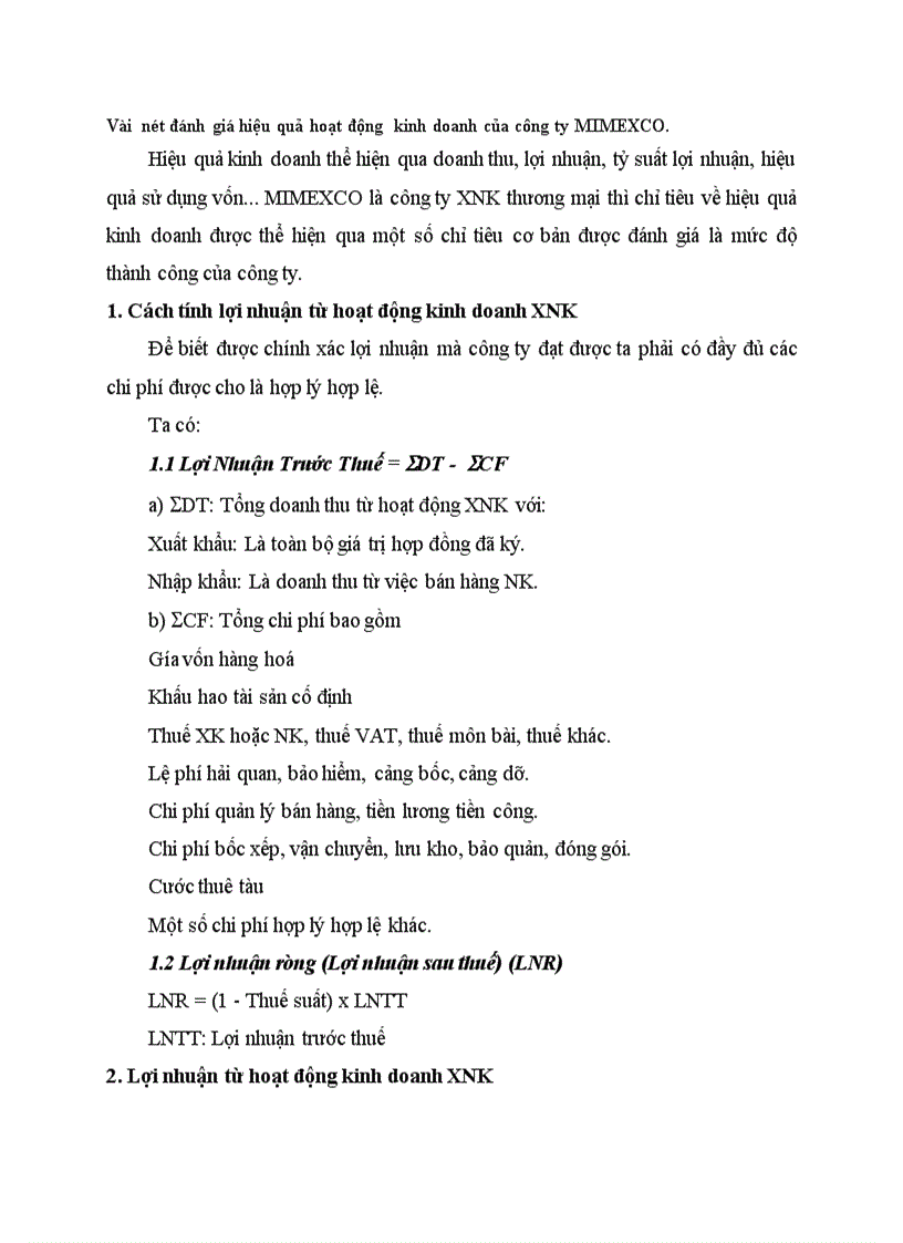 Vài nét đánh giá hiệu quả hoạt động kinh doanh của công ty MIMEXCO