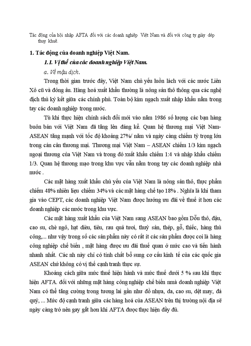 Tác động của hội nhập AFTA đối với các doanh nghiệp Việt Nam và đối với công ty giày dép thuỵ khuê