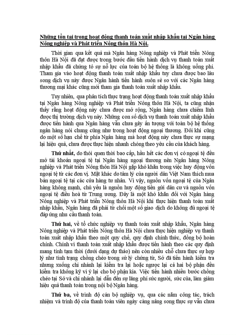 Những tồn tại trong hoạt động thanh toán xuất nhập khẩu tại Ngân hàng Nông nghiệp và Phát triển Nông thôn Hà Nội