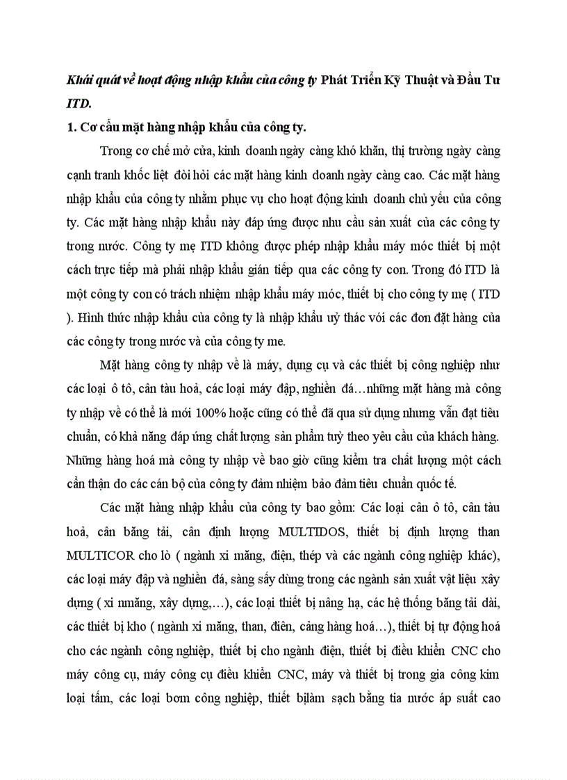 Khái quát về hoạt động nhập khẩu của công ty Phát Triển Kỹ Thuật và Đầu Tư ITD