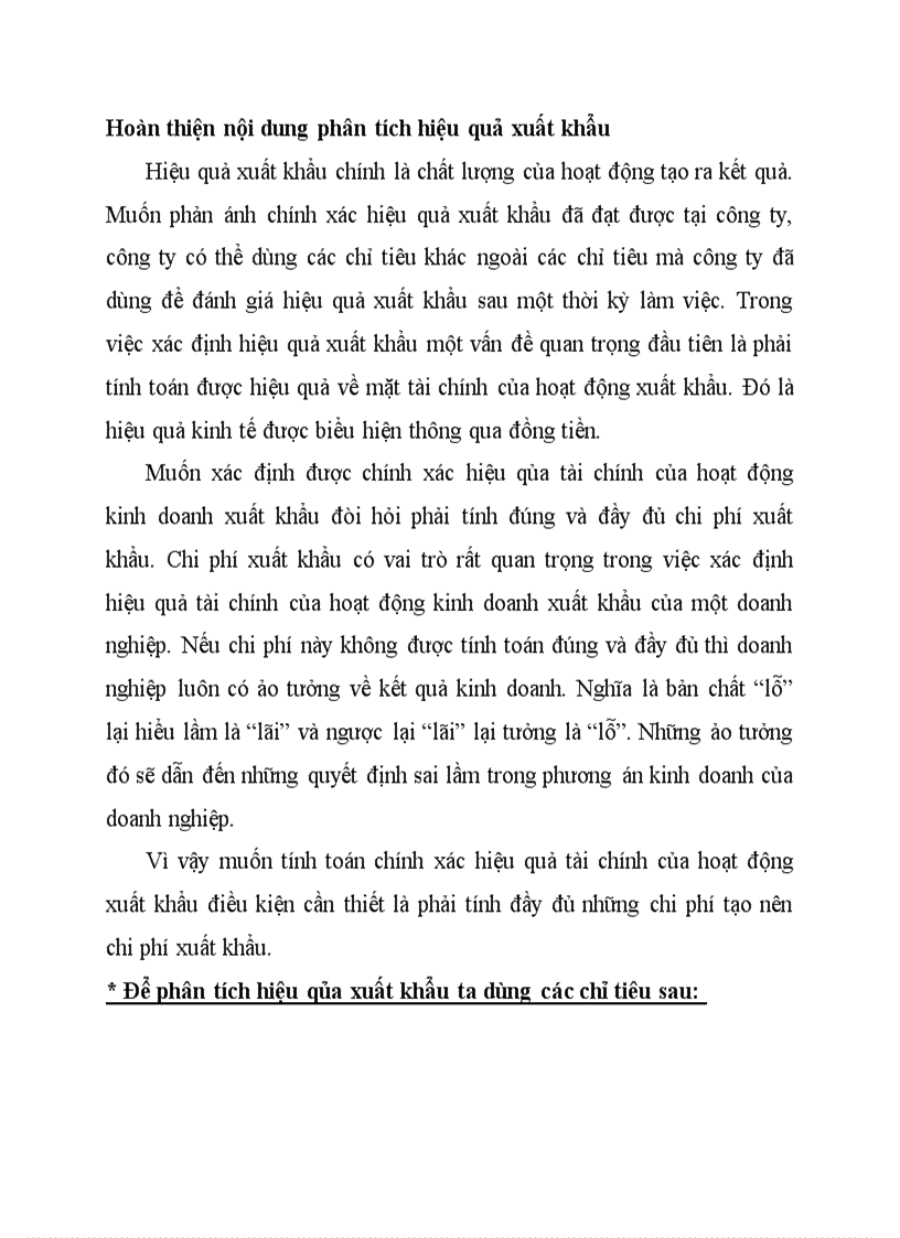 Hoàn thiện nội dung phân tích hiệu quả xuất khẩu