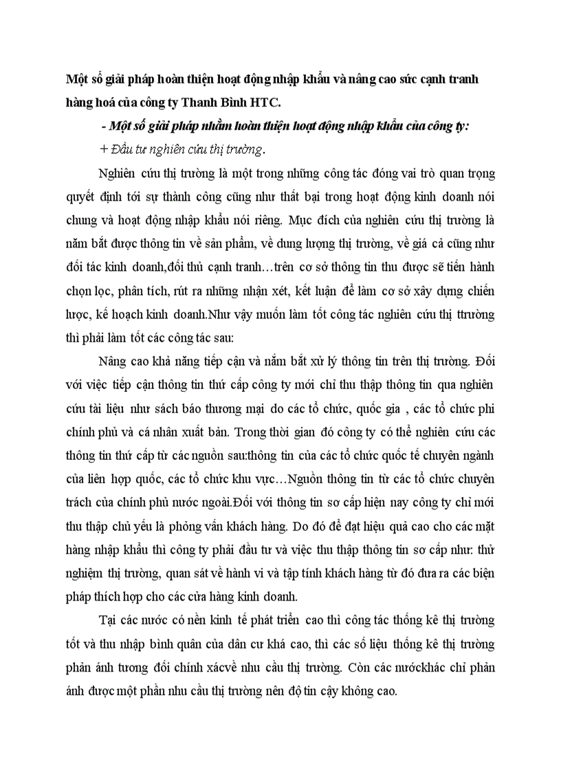 Một số giải pháp hoàn thiện hoạt động nhập khẩu và nâng cao sức cạnh tranh hàng hoá của công ty Thanh Bình HTC